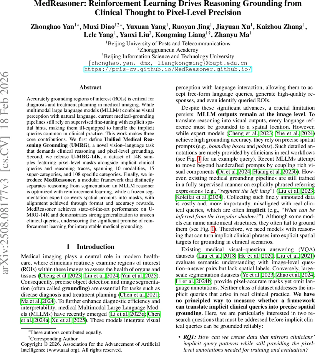 MedReasoner: Reinforcement Learning Drives Reasoning Grounding from Clinical Thought to Pixel-Level Precision