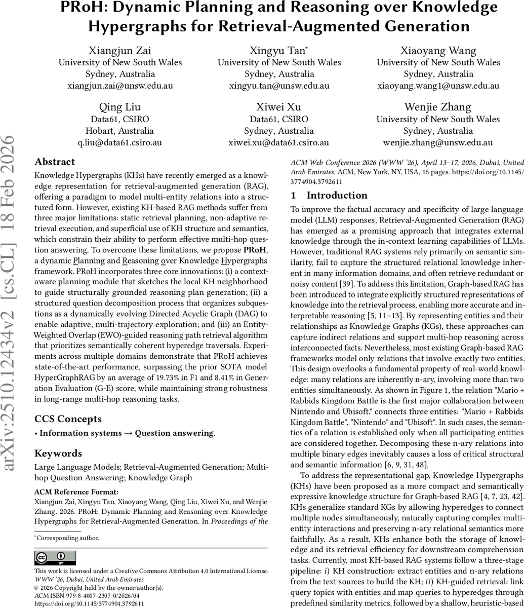 PRoH: Dynamic Planning and Reasoning over Knowledge Hypergraphs for Retrieval-Augmented Generation