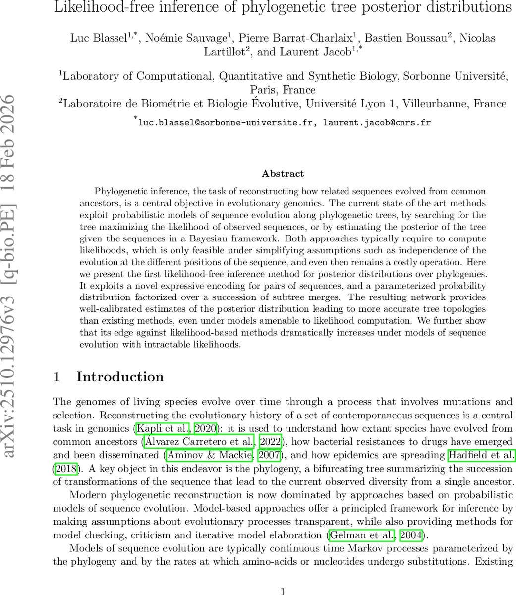 Likelihood-free inference of phylogenetic tree posterior distributions