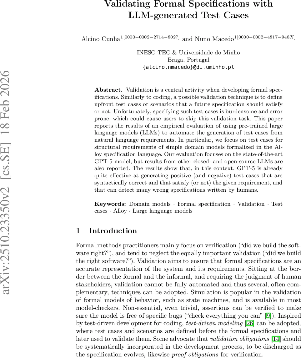 Validating Formal Specifications with LLM-generated Test Cases