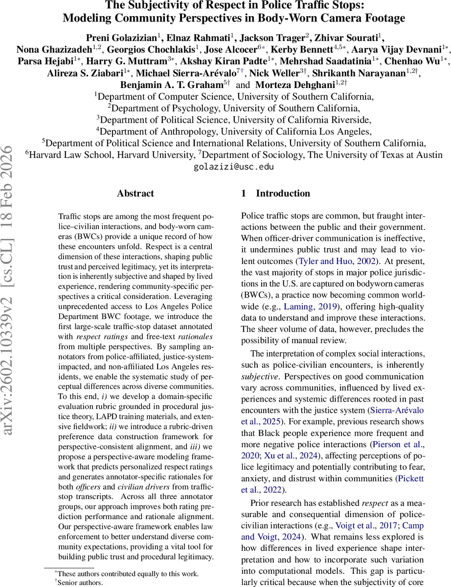 The Subjectivity of Respect in Police Traffic Stops: Modeling Community Perspectives in Body-Worn Camera Footage