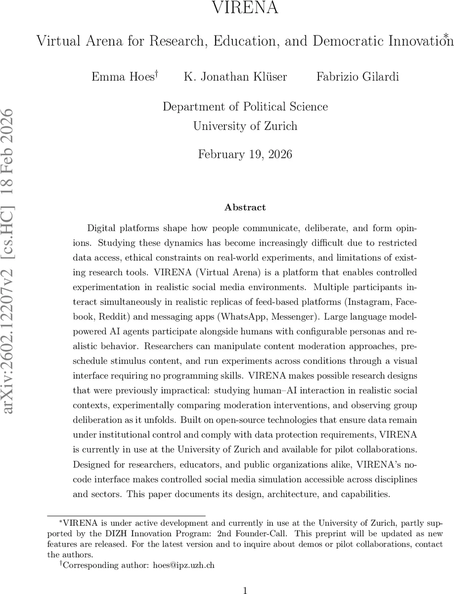 VIRENA: Virtual Arena for Research, Education, and Democratic Innovation