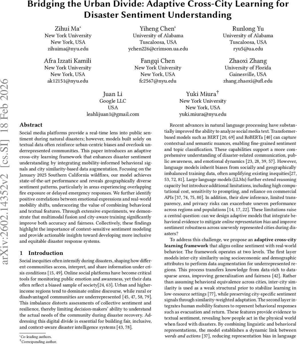 Bridging the Urban Divide: Adaptive Cross-City Learning for Disaster Sentiment Understanding