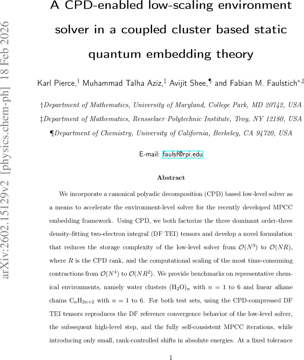 A CPD-enabled low-scaling environment solver in a coupled cluster based static quantum embedding theory