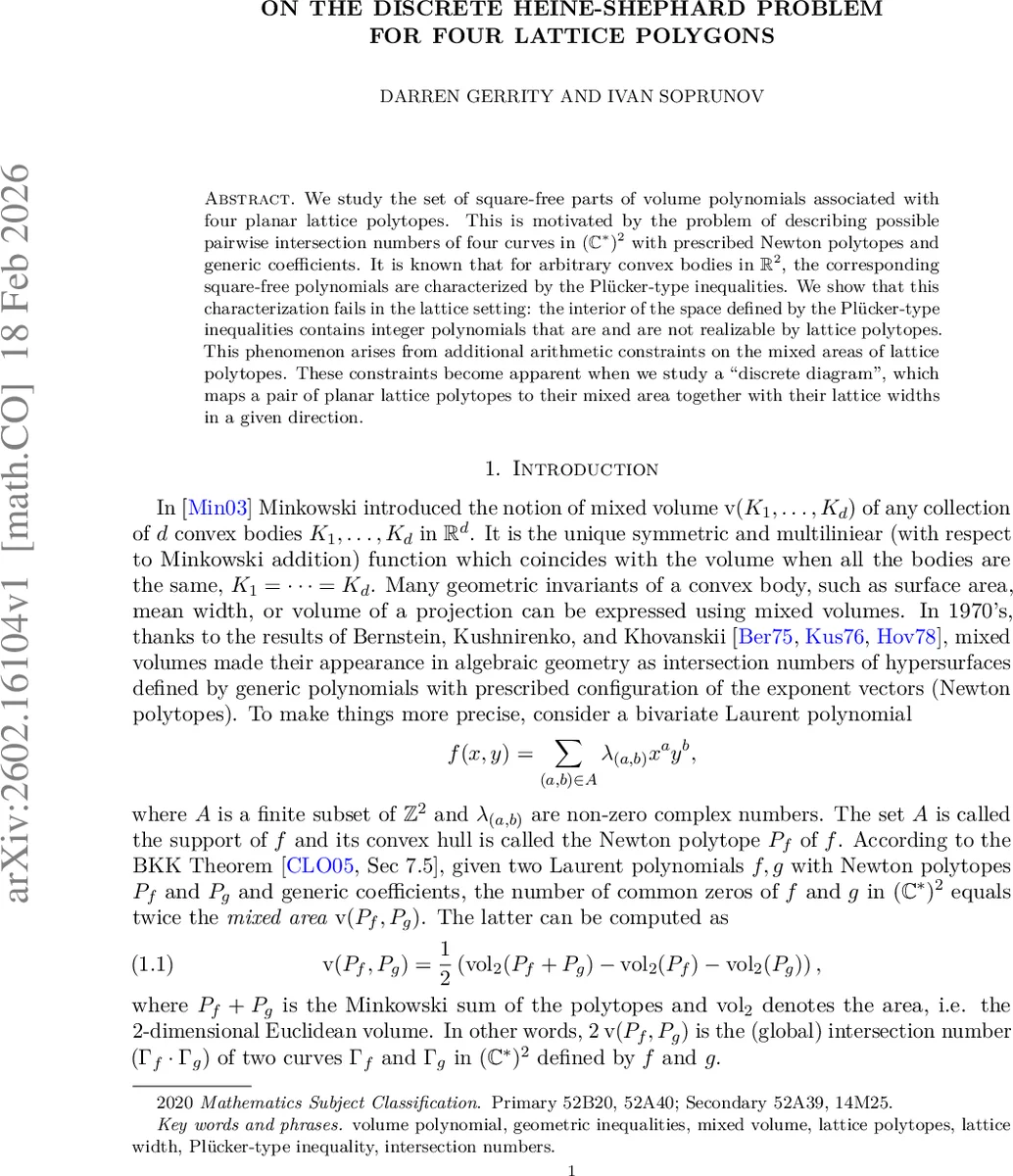 On the discrete Heine-Shephard problem for four lattice polygons