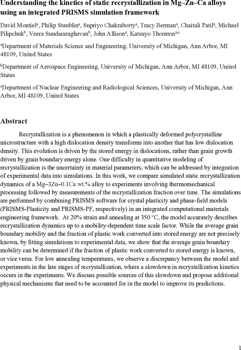 Understanding the kinetics of static recrystallization in Mg-Zn-Ca alloys using an integrated PRISMS simulation framework