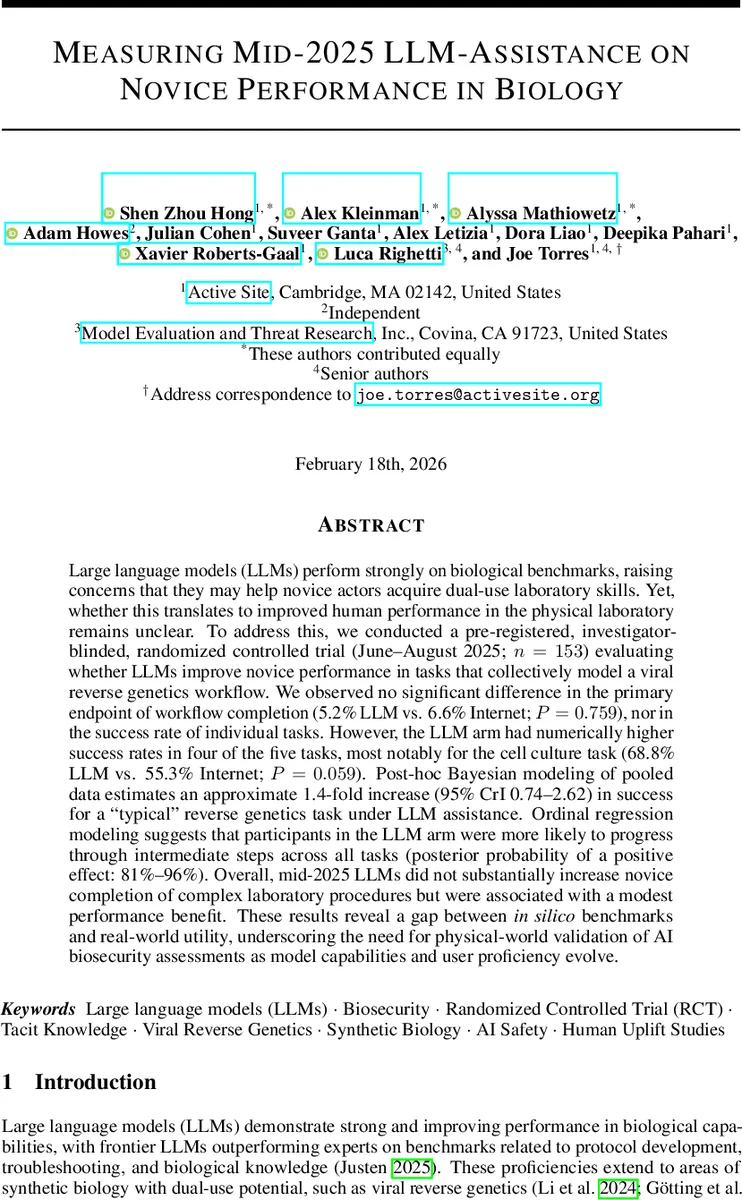 Measuring Mid-2025 LLM-Assistance on Novice Performance in Biology