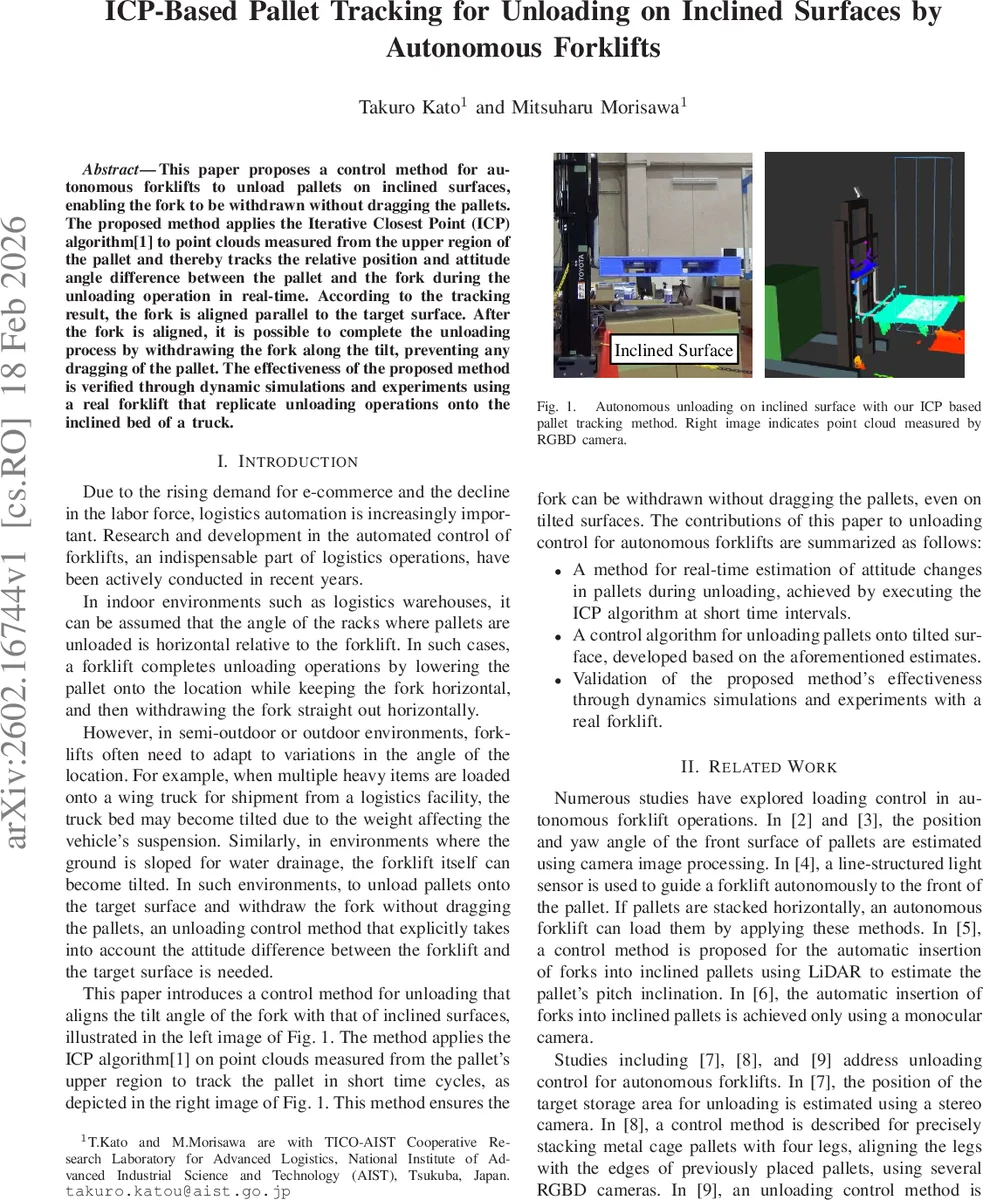 ICP-Based Pallet Tracking for Unloading on Inclined Surfaces by Autonomous Forklifts