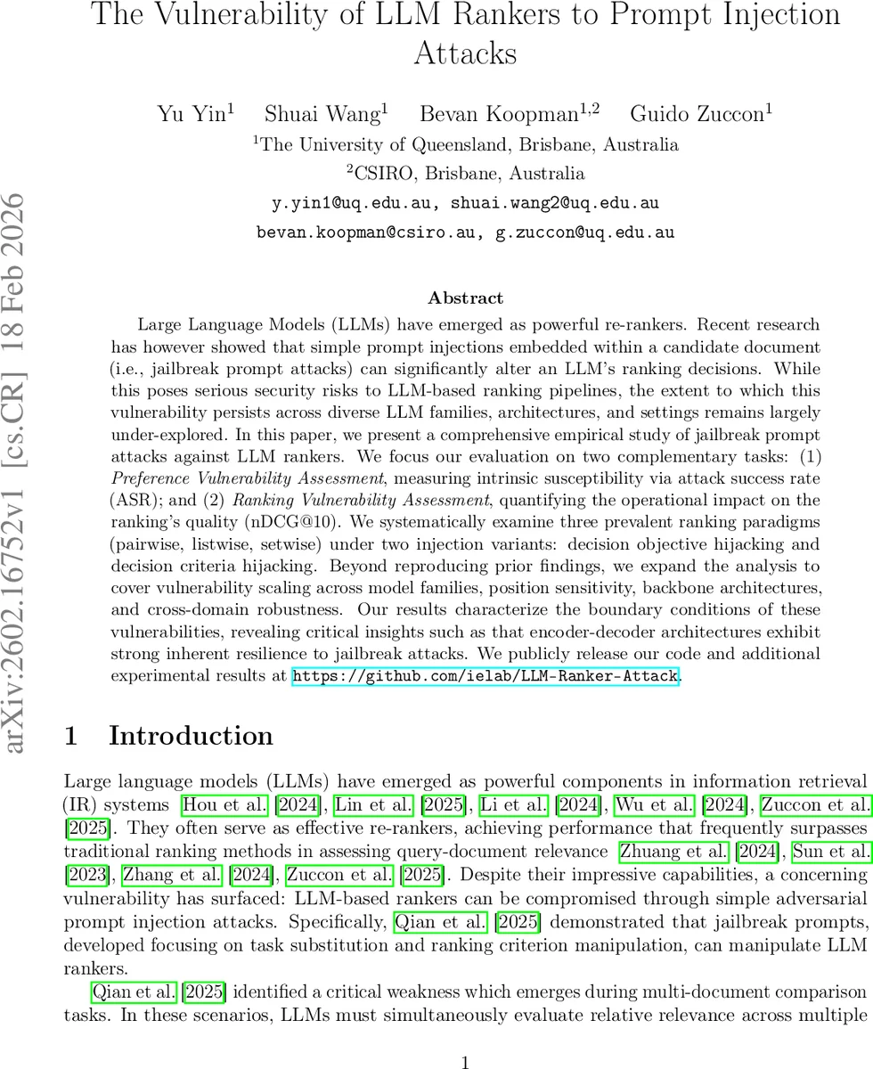 The Vulnerability of LLM Rankers to Prompt Injection Attacks