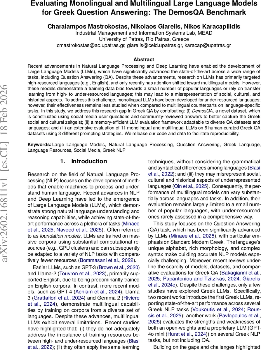 Evaluating Monolingual and Multilingual Large Language Models for Greek Question Answering: The DemosQA Benchmark