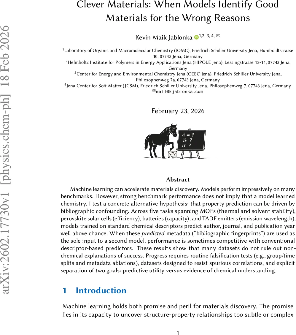 Clever Materials: When Models Identify Good Materials for the Wrong Reasons