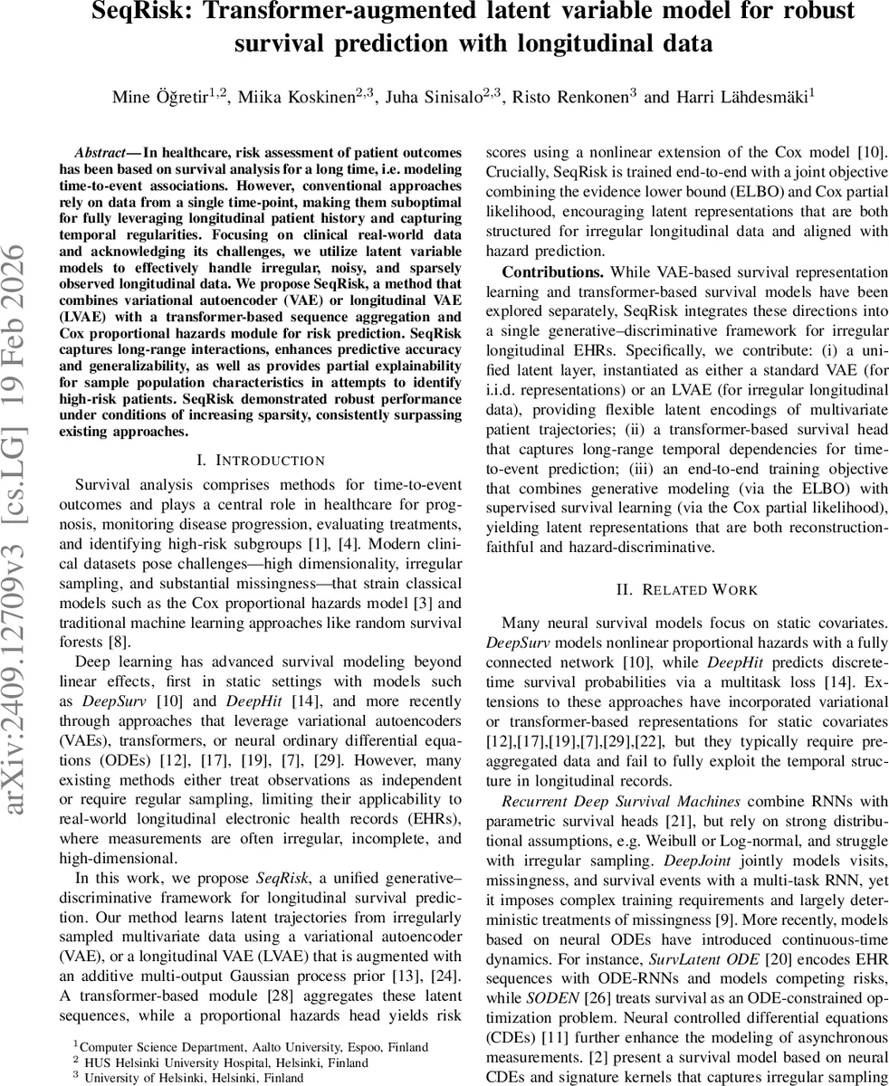 SeqRisk: Transformer-augmented latent variable model for robust survival prediction with longitudinal data