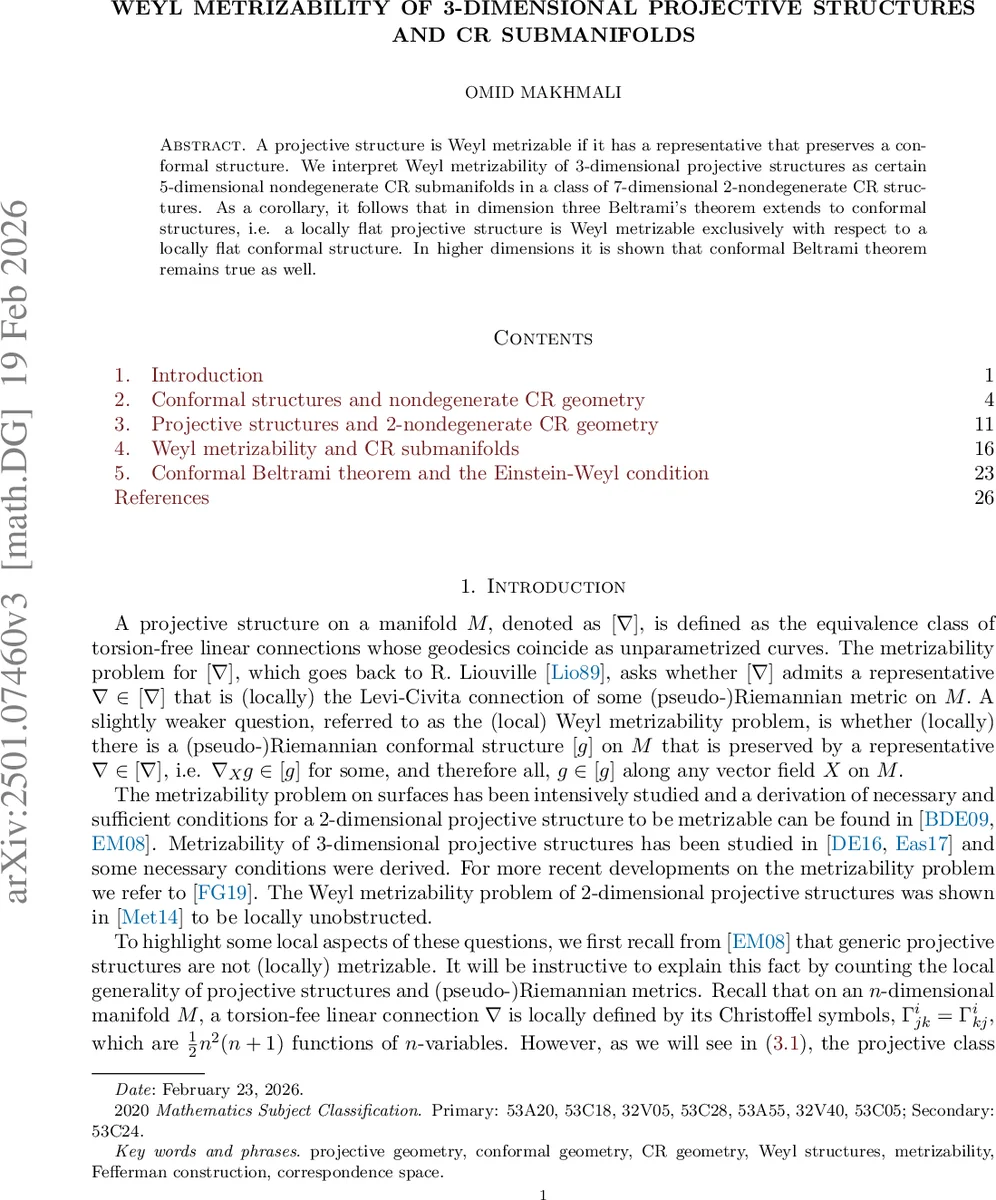 Weyl metrizability of 3-dimensional projective structures and CR submanifolds