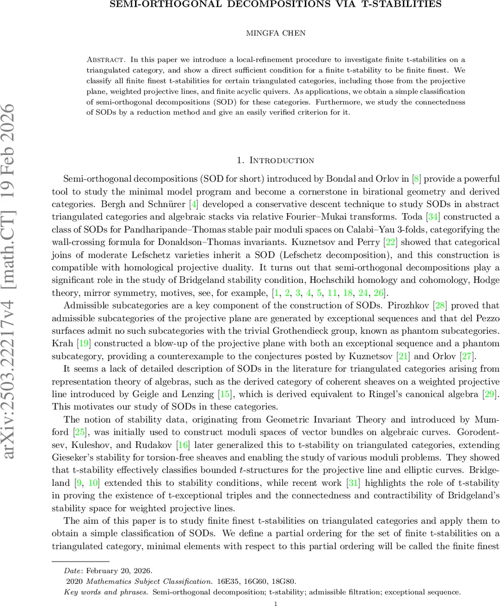 Semi-orthogonal decompositions via t-stabilities