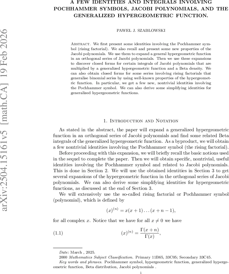 A few identities and integrals involving Pochhammer symbols, Jacobi polynomials, and the generalized hypergeometric function