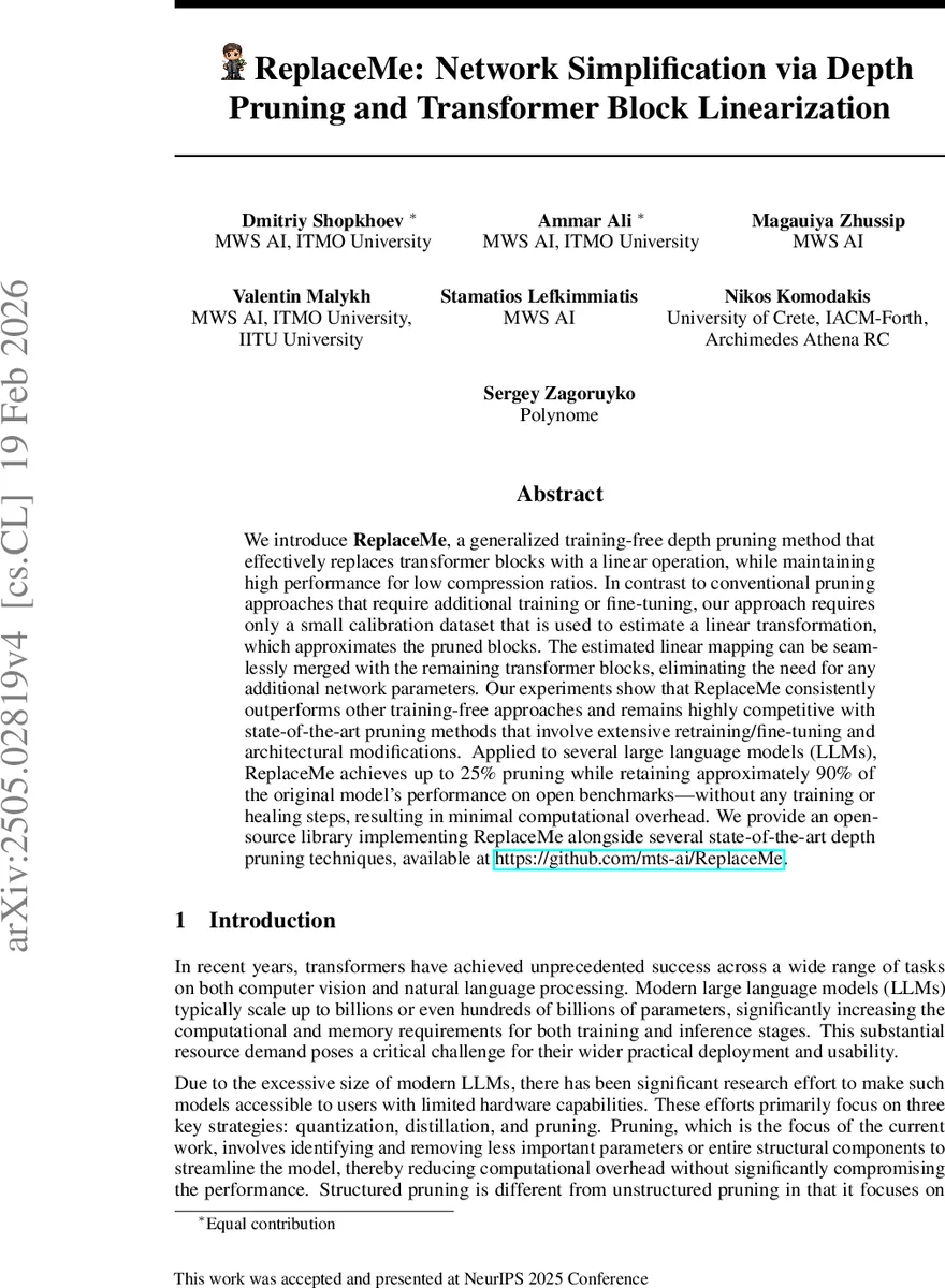 ReplaceMe: Network Simplification via Depth Pruning and Transformer Block Linearization