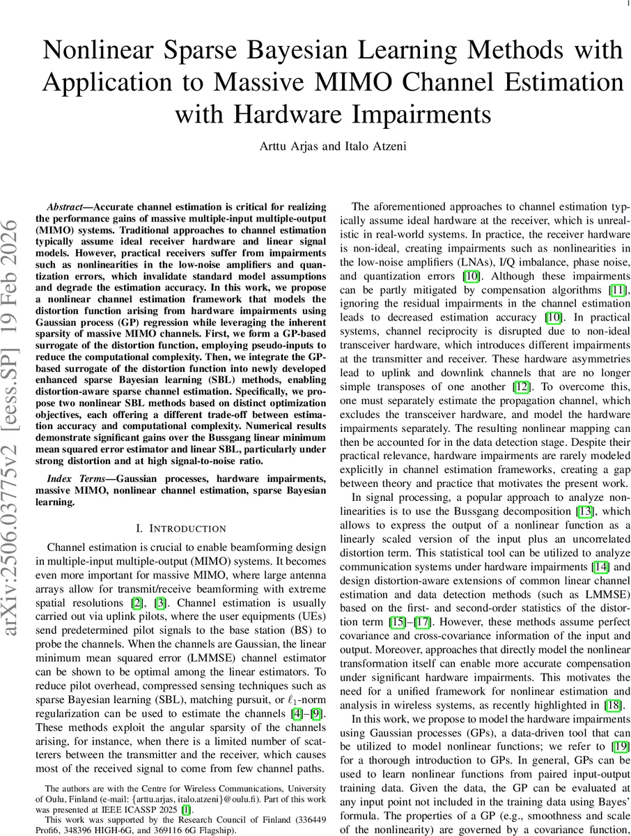Nonlinear Sparse Bayesian Learning Methods with Application to Massive MIMO Channel Estimation with Hardware Impairments