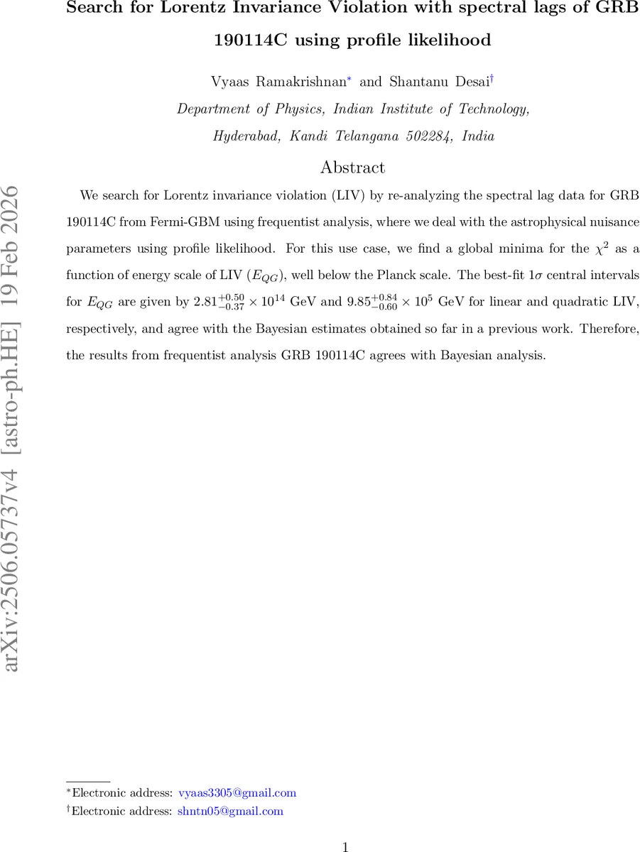 Search for Lorentz Invariance Violation with spectral lags of GRB 190114C using profile likelihood
