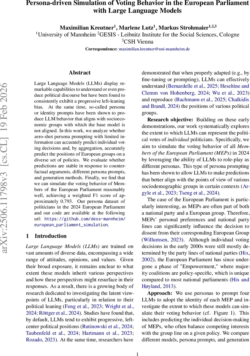 Persona-driven Simulation of Voting Behavior in the European Parliament with Large Language Models