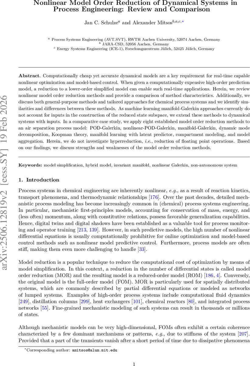 Nonlinear Model Order Reduction of Dynamical Systems in Process Engineering: Review and Comparison