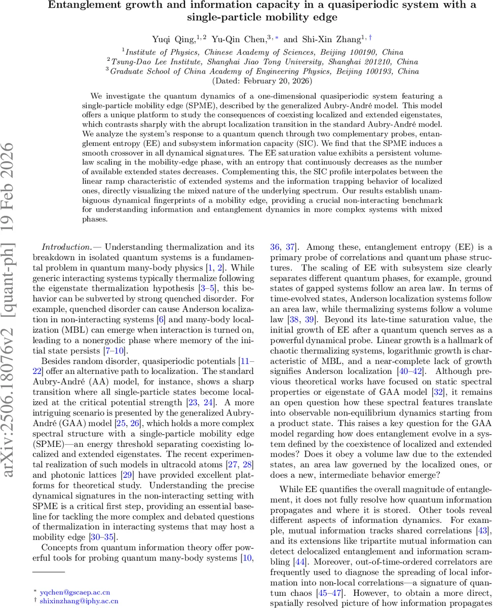 Entanglement growth and information capacity in a quasiperiodic system with a single-particle mobility edge