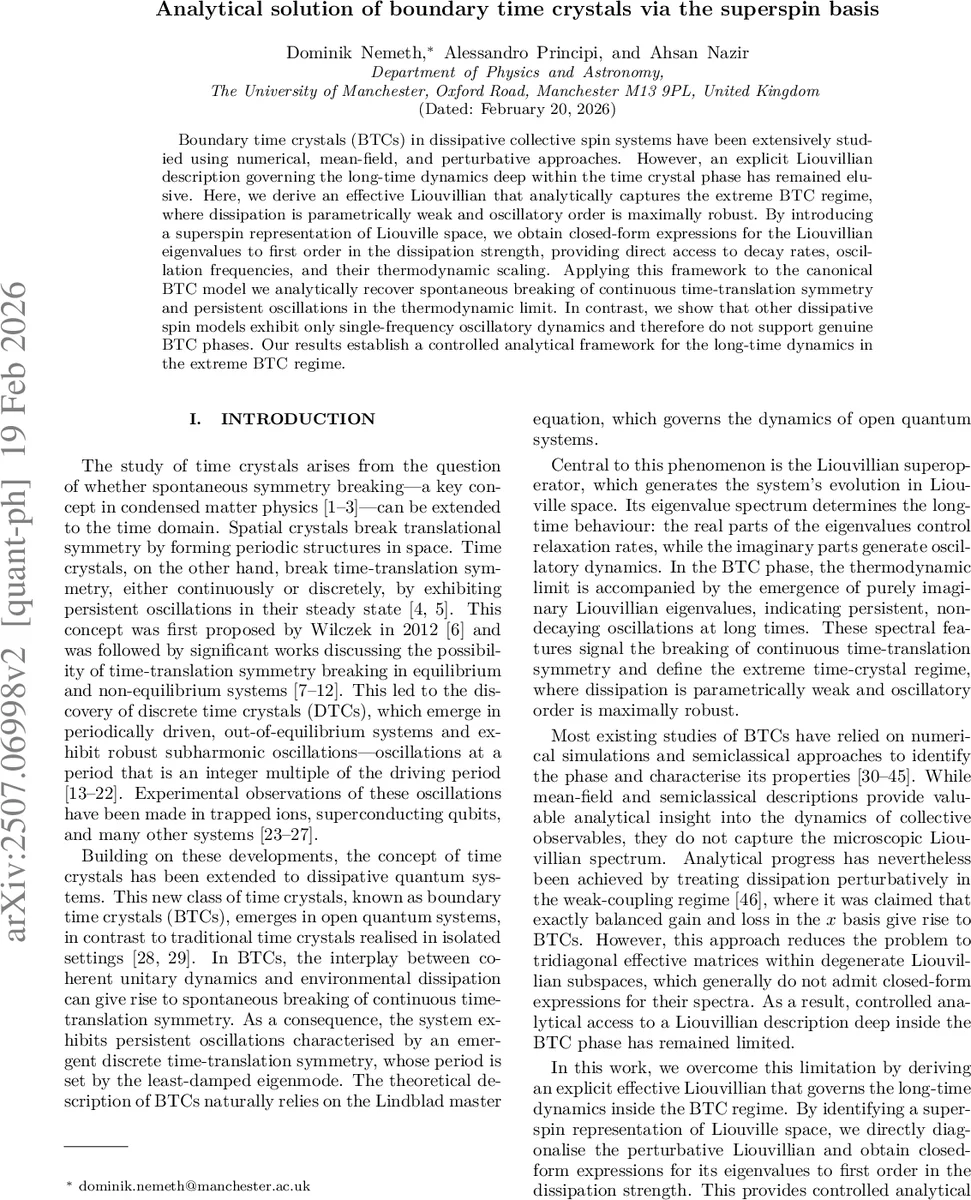 Analytical solution of boundary time crystals via the superspin basis