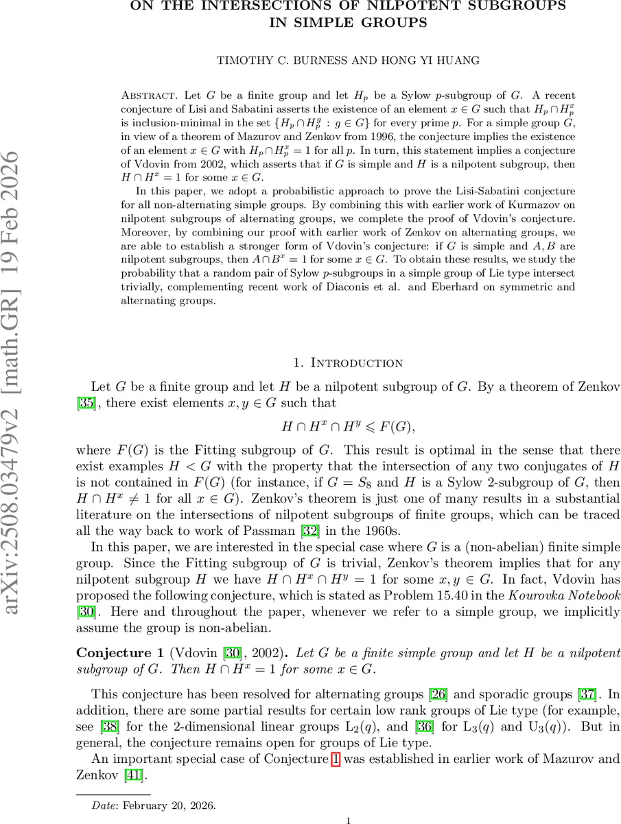 On the intersections of nilpotent subgroups in simple groups