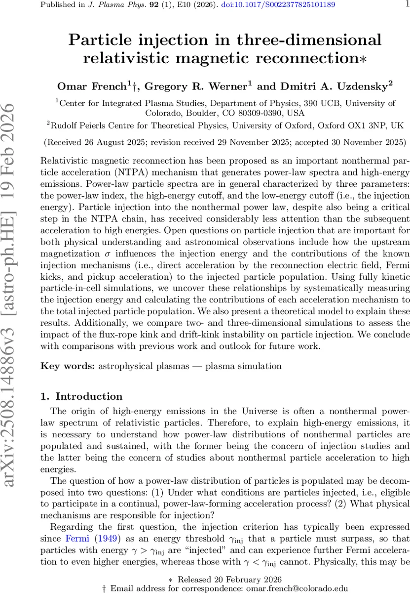 Particle injection in three-dimensional relativistic magnetic reconnection