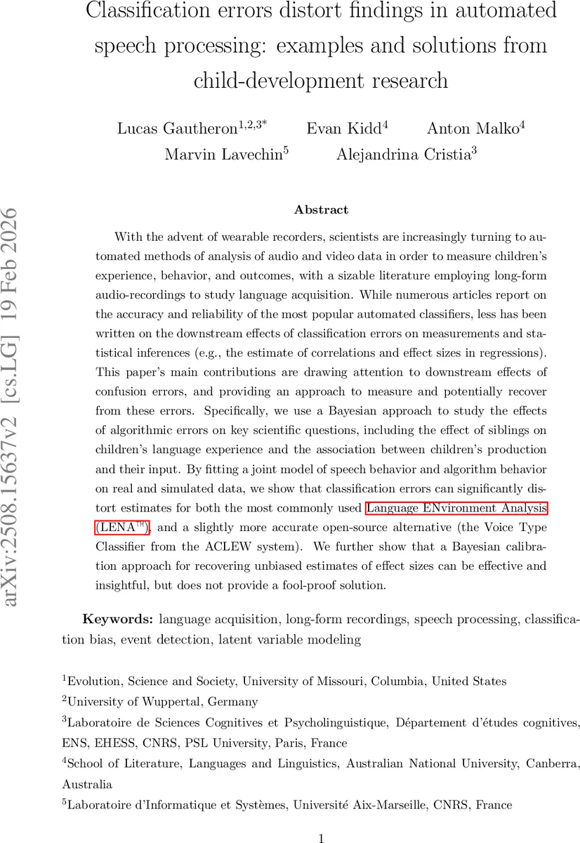Classification errors distort findings in automated speech processing: examples and solutions from child-development research