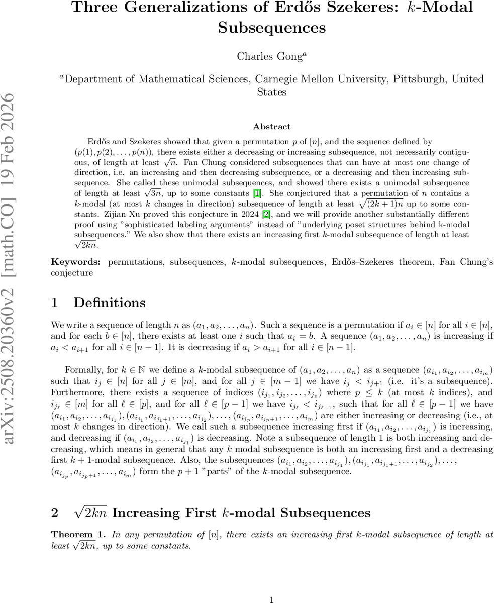 Three Generalizations of Erdős Szekeres: $k$-Modal Subsequences