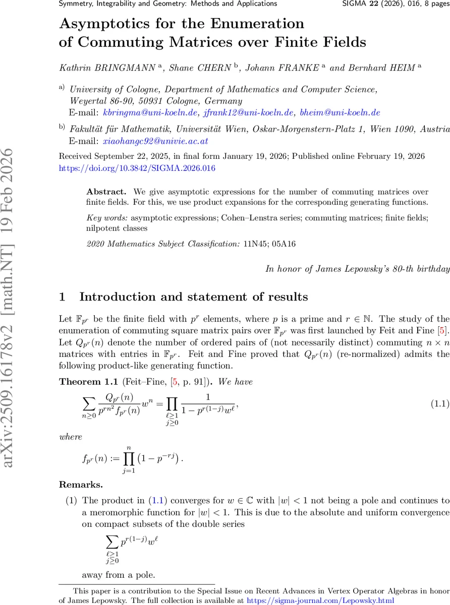 Asymptotics for the Enumeration of Commuting Matrices over Finite Fields