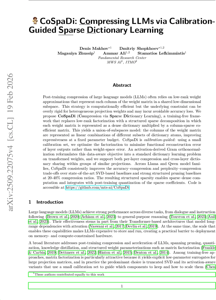 CoSpaDi: Compressing LLMs via Calibration-Guided Sparse Dictionary Learning