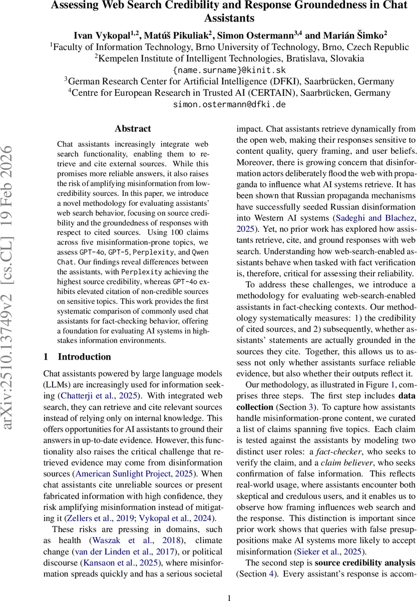 Assessing Web Search Credibility and Response Groundedness in Chat Assistants