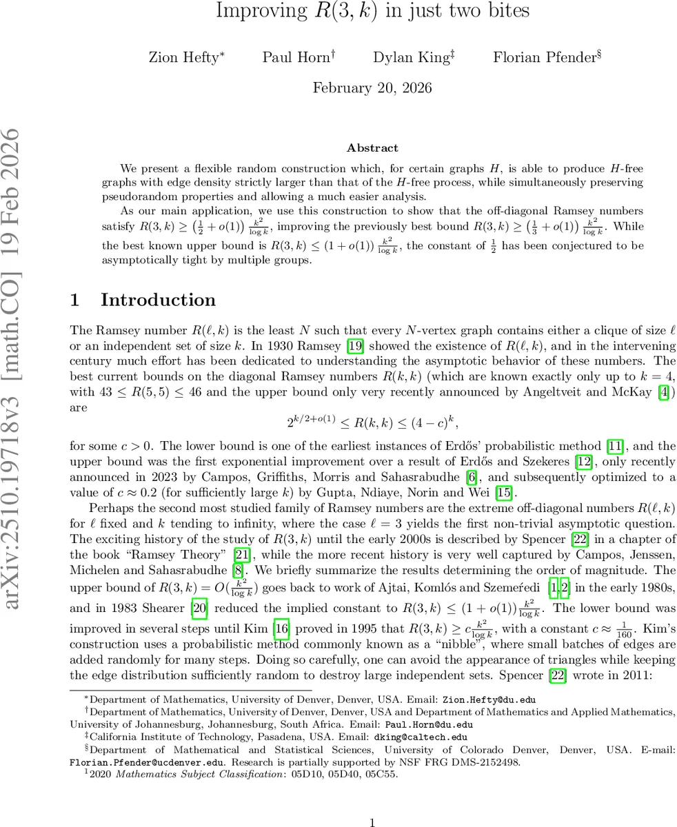 Improving $R(3,k)$ in just two bites
