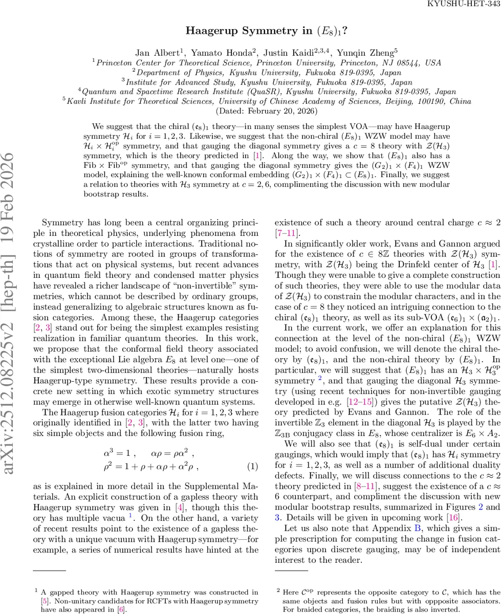 Haagerup Symmetry in $(E_8)_1$?