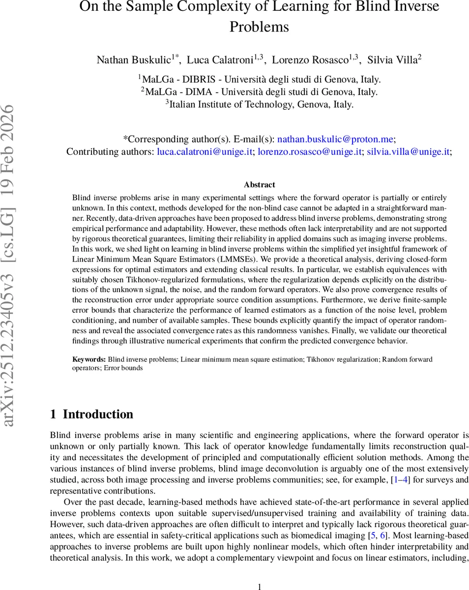 On the Sample Complexity of Learning for Blind Inverse Problems