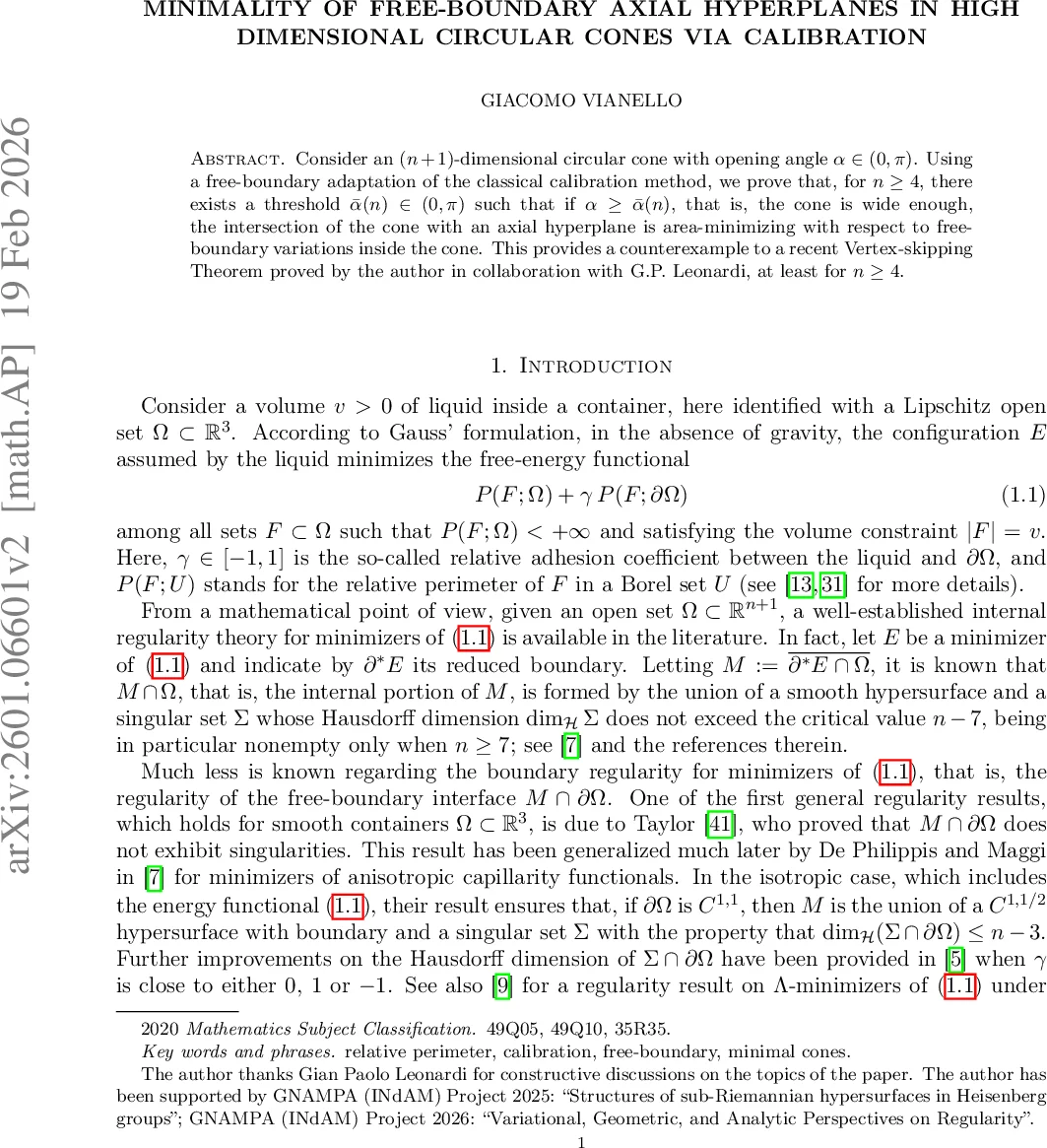 Minimality of free-boundary axial hyperplanes in high dimensional circular cones via calibration