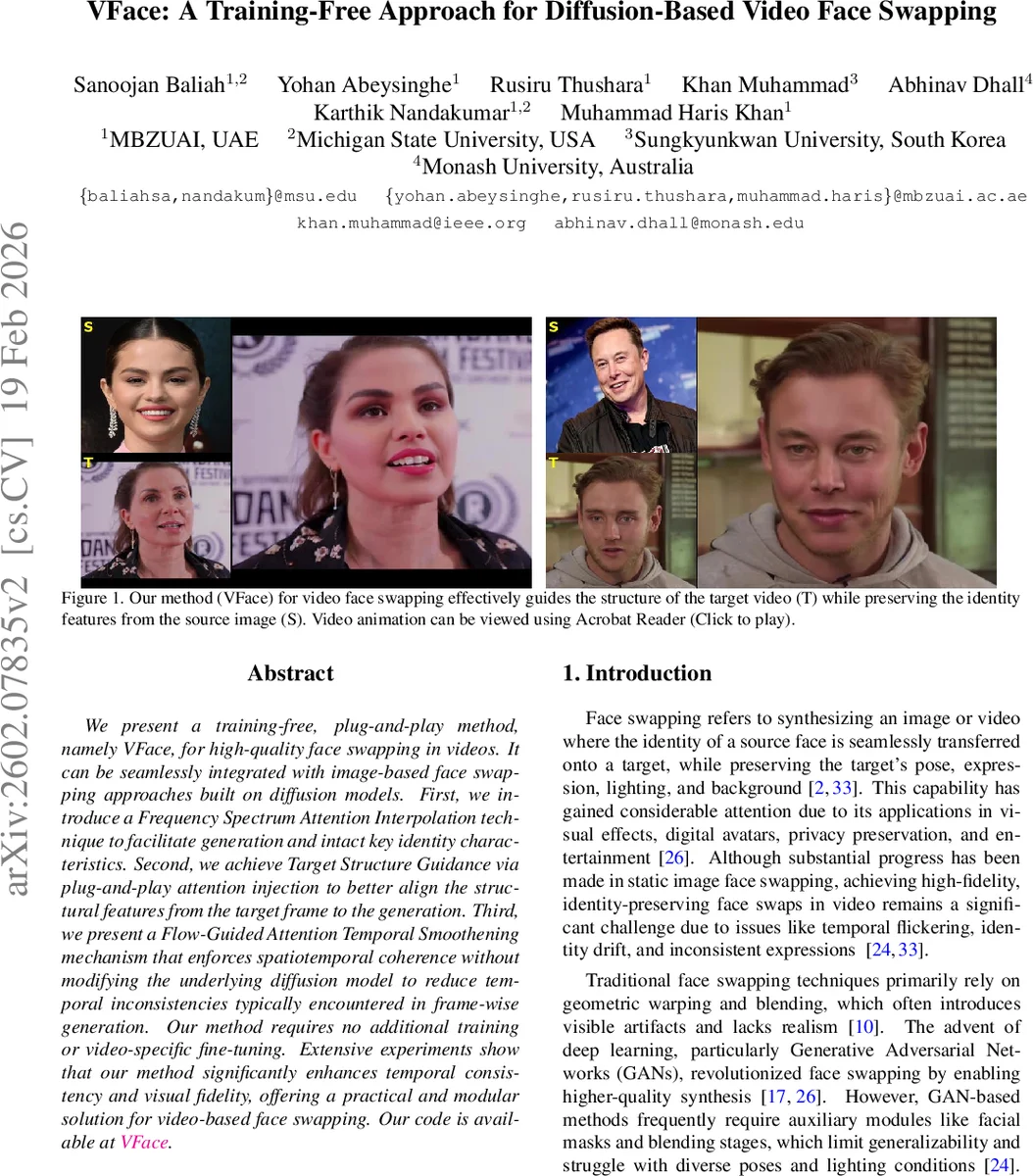 VFace: A Training-Free Approach for Diffusion-Based Video Face Swapping