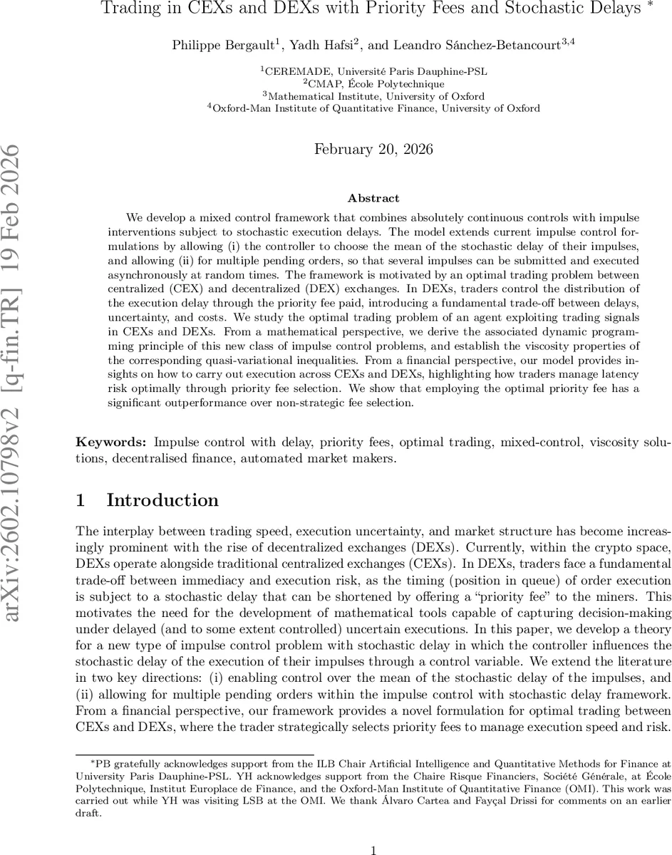 Trading in CEXs and DEXs with Priority Fees and Stochastic Delays