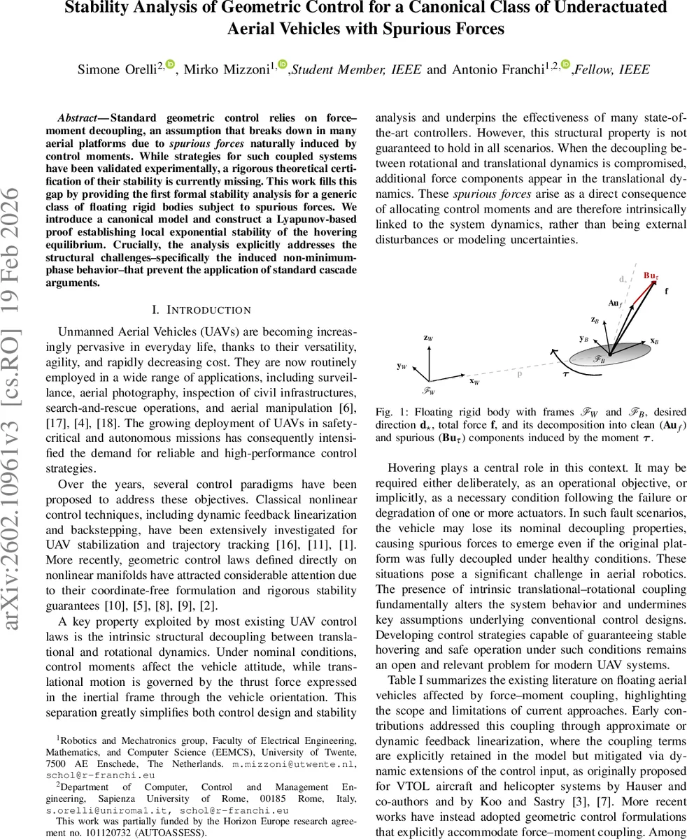 Stability Analysis of Geometric Control for a Canonical Class of Underactuated Aerial Vehicles with Spurious Forces