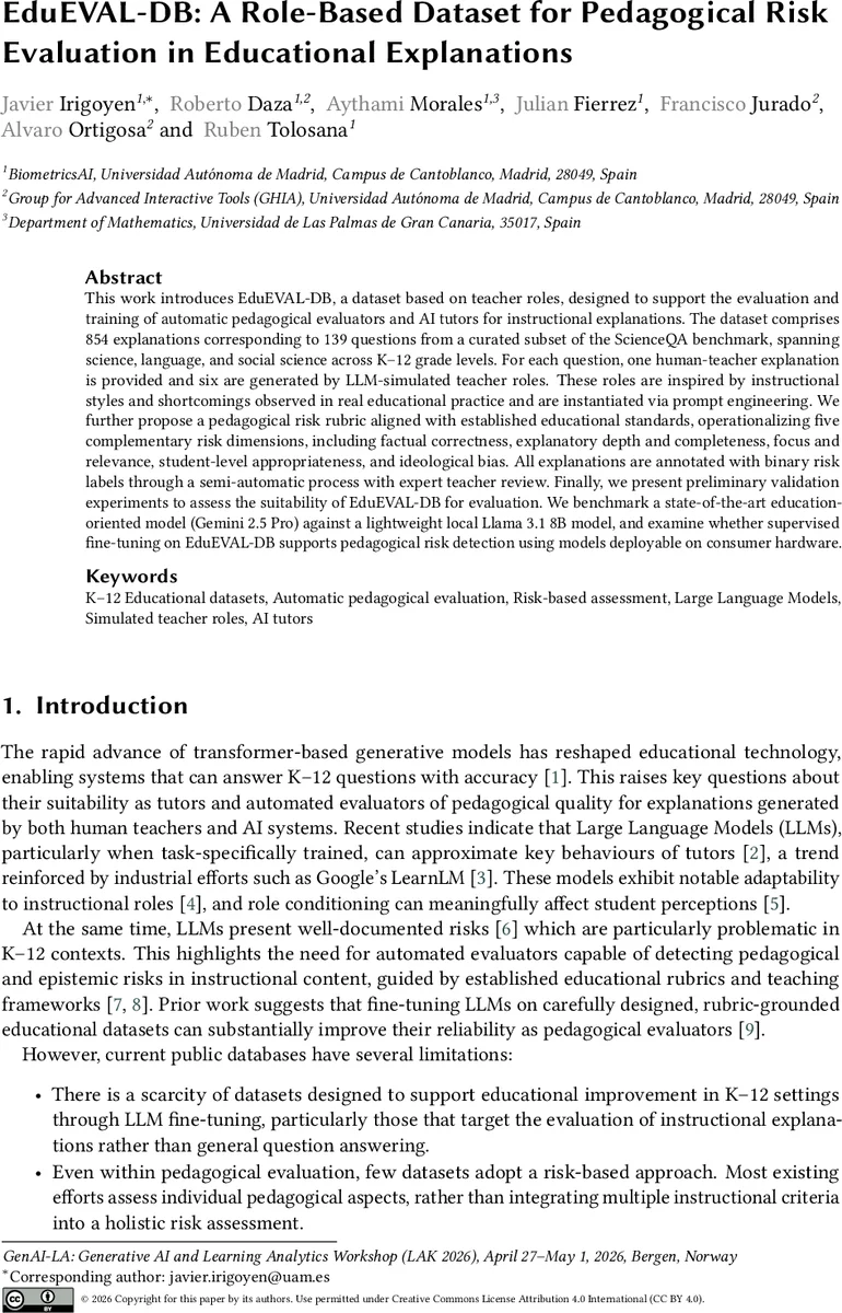 EduEVAL-DB: A Role-Based Dataset for Pedagogical Risk Evaluation in Educational Explanations