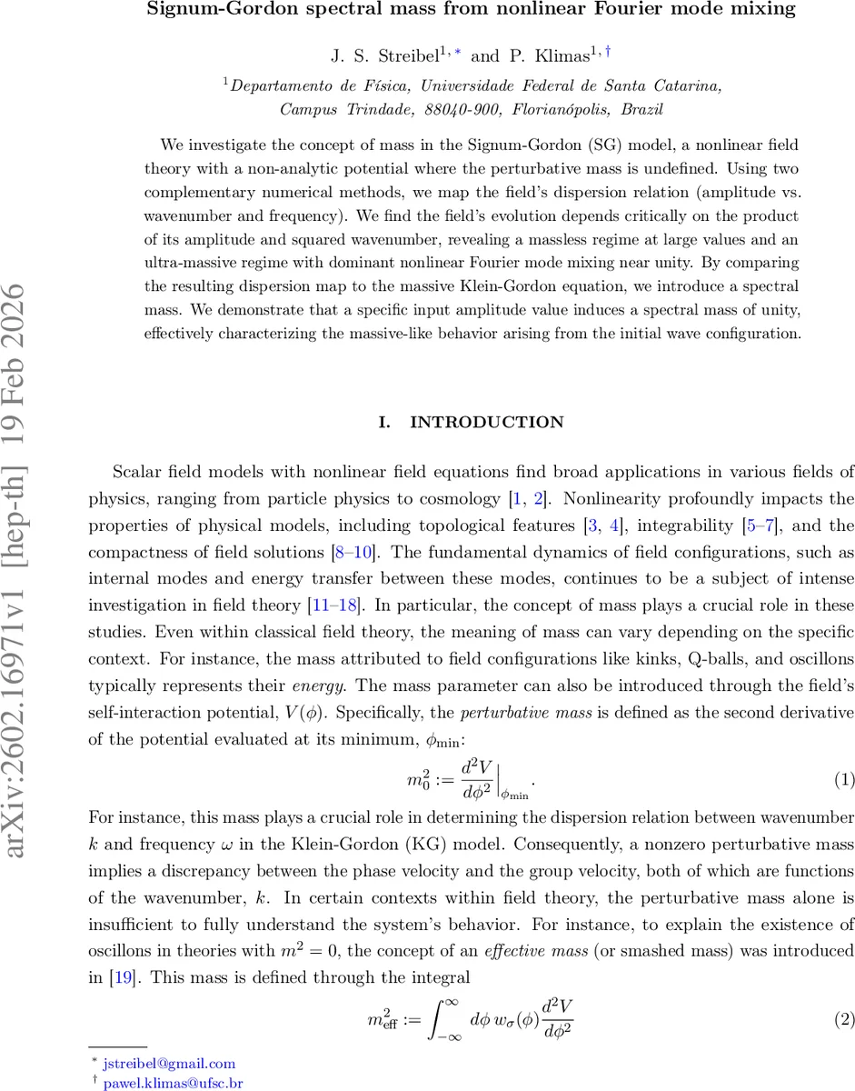 Signum-Gordon spectral mass from nonlinear Fourier mode mixing