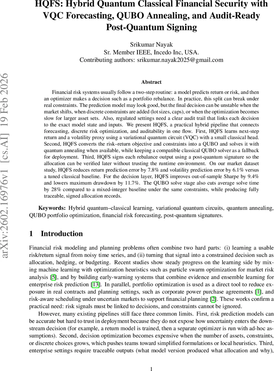 HQFS: Hybrid Quantum Classical Financial Security with VQC Forecasting, QUBO Annealing, and Audit-Ready Post-Quantum Signing