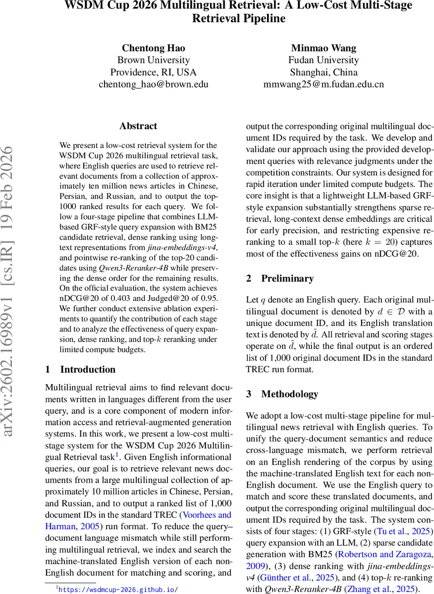 WSDM Cup 2026 Multilingual Retrieval: A Low-Cost Multi-Stage Retrieval Pipeline