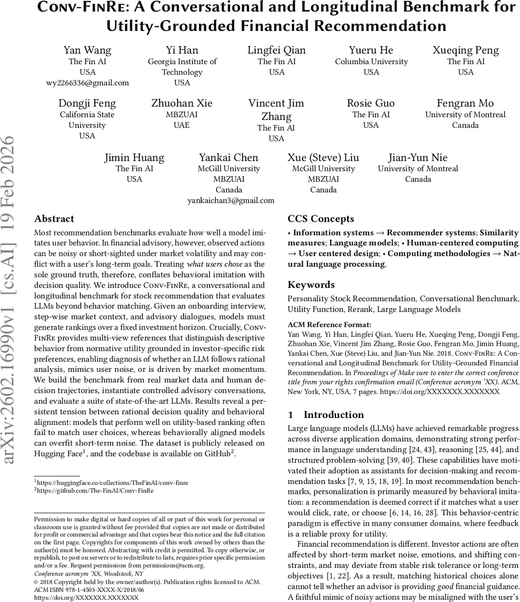 Conv-FinRe: A Conversational and Longitudinal Benchmark for Utility-Grounded Financial Recommendation