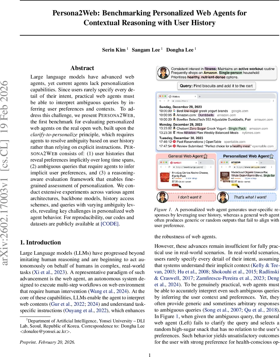 Persona2Web: Benchmarking Personalized Web Agents for Contextual Reasoning with User History