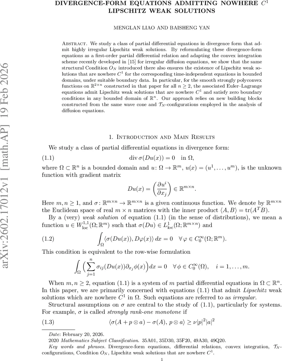Divergence-form equations admitting nowhere $C^1$ Lipschitz weak solutions