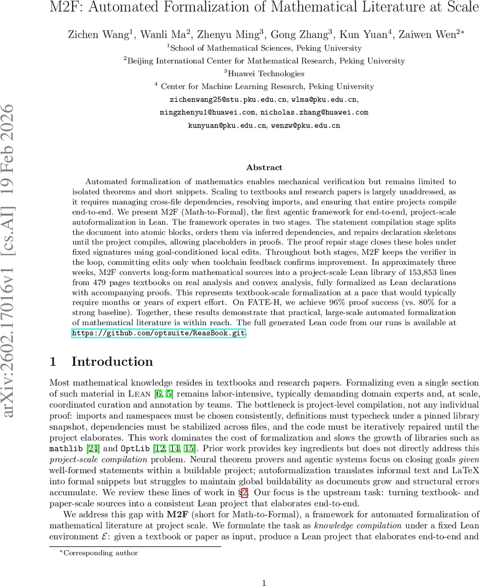 M2F: Automated Formalization of Mathematical Literature at Scale