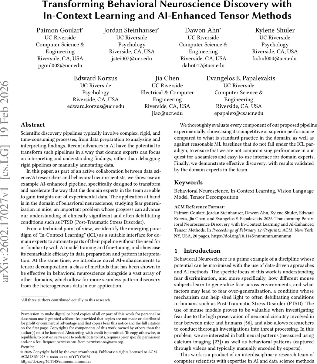 Transforming Behavioral Neuroscience Discovery with In-Context Learning and AI-Enhanced Tensor Methods