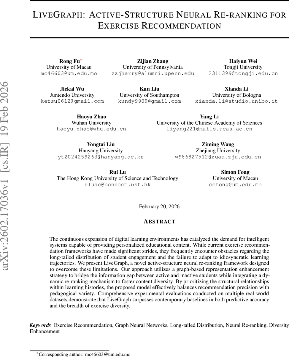 LiveGraph: Active-Structure Neural Re-ranking for Exercise Recommendation